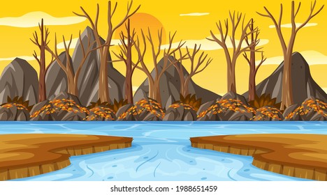 Sunset background scene with many dry trees and river illustration