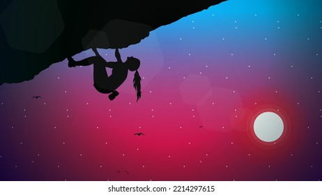 sunset background. Silhouette of a rock climber in the night. Extreme rock climber. female climber on a cliff with mountains. Mountain climber walpaper for desktop. 