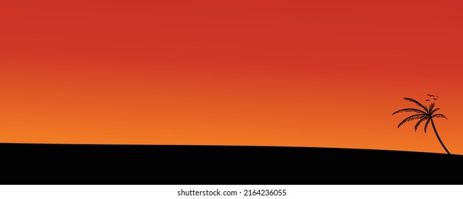 sunset background with silhouettes of plains and coconut trees. illustration of natural orange to yellow sunset