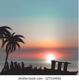 Sunset background with vector Singapore silhouette skyline