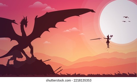 sunset background. witch versus dragon illustration. floating witch with magic book in hand. fantasy wallpaper with mythological animal. sunrise. sunset. fight with sword.