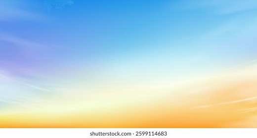 Sunset Background,illustration Horizontal Summer sunrise sky in blue,orange,yellow gradeint with fluffy cloudy over sea beach,Vector Nature background of Autumn ,winter