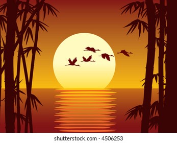 Sunset, bamboo forest and sea, vector