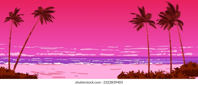 Sunset banner beach ocean, palms, seashore, horizon