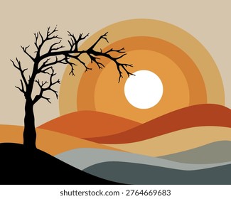 Sunset bathes hills in warm, layered tones. Silhouetted tree stands tall, branches stark and bare. Circles of orange and gold frame a glowing sun. Waves of earth tones roll gently beneath the sky