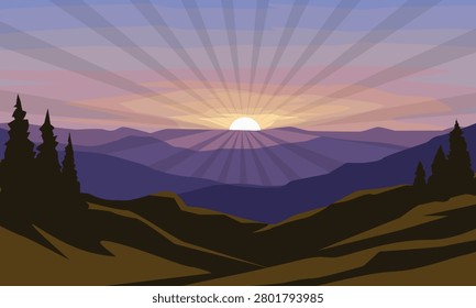 Sunset bathes hills in warm, radiant glow. Silhouetted trees stand tall against fading light. Layers of mountain ridges stretch into soft purple haze. Peaceful moment invites calm and reflection