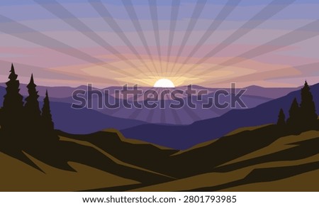 Sunset bathes hills in warm, radiant glow. Silhouetted trees stand tall against fading light. Layers of mountain ridges stretch into soft purple haze. Peaceful moment invites calm and reflection