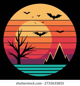 Sunset bats flying over barren tree and mountains vector