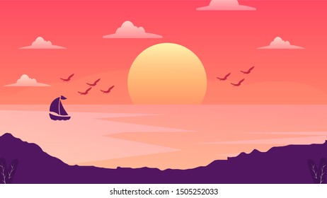 sunset Beach background with boat in the sea Vector