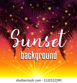 Sunset beach background with palm leaves