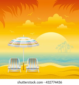 Sunset beach background with sea, chairs and stripped beach umbrellas.