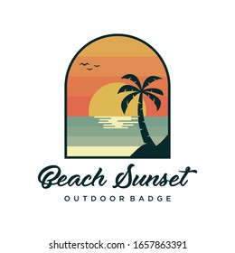 Sunset at beach badge logo design vector. Paradise island vector illustration