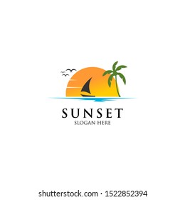 sunset beach and boat logo templates