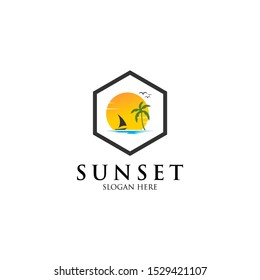 sunset beach and boat logo templates