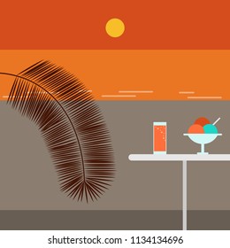 Sunset beach and Cafe. Outdoor. Vector flat illustration.