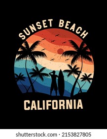 Sunset beach California, The best surfing in California with a wave and surfer, t shirt graphics, vectors t shirt print,