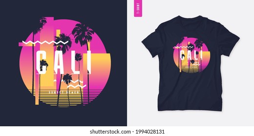 Sunset beach California graphic t-shirt design with palm tress, summer retro print, vector illustration.