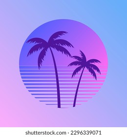 Sunset beach california retro icon. 90s Palm retro california circle gradient silhouette vintage 80s disco print hawai vacation