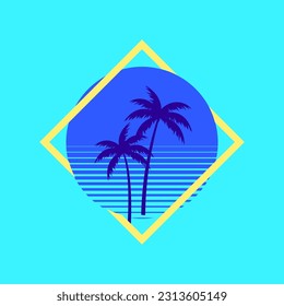 Sunset beach california retro icon. 90s Palm retro california circle gradient silhouette vintage 80s disco print hawai vacation