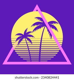 Sunset beach california retro icon. 90s Palm retro california circle gradient silhouette vintage 80s disco print hawai vacation