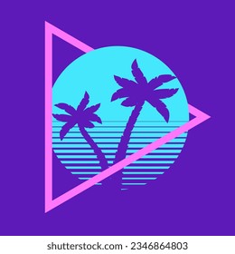 Sunset beach california retro icon. 90s Palm retro california circle gradient silhouette vintage 80s disco print hawai vacation