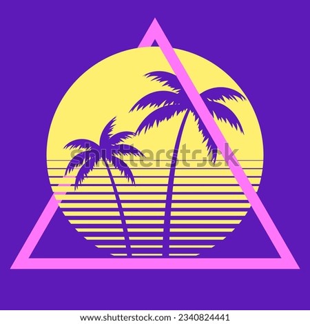Sunset beach california retro icon. 90s Palm retro california circle gradient silhouette vintage 80s disco print hawai vacation