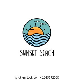 Sunset beach circular emblem logo design featuring a warm sun setting over ocean waves with palm trees. Ideal for surf brands, tropical resorts, beachwear, travel agencies, and summer-themed businesse
