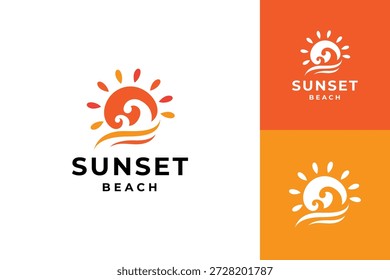 Sunset Beach Coast Island, Sun Shore Ocean Sea Wave para Summer Surf Inspiración de diseño de logotipo de vacaciones