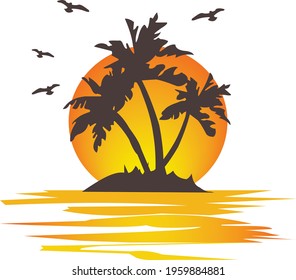 sunset beach with coconut tree design