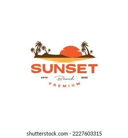 sunset beach with coconut tree vintage logo design