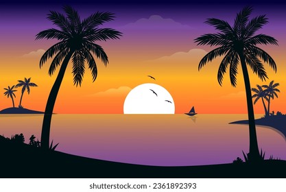 sunset beach with coconut trees boat clouds in sky vector