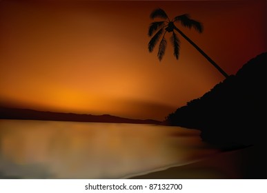 Sunset and Beach - colored background illustration, vector