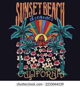 sunset beach dreamer, tropical beach in California, Beach vibes vintage graphic print design for apparel and others. Sunset beach island artwork design.