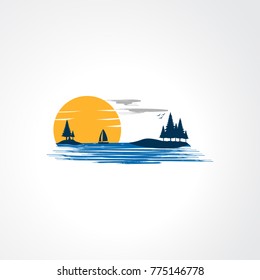 sunset beach with flying bird logo vector for business