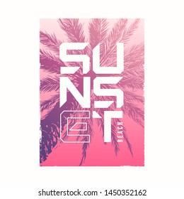 Sunset beach. Graphic summer t-shirt design with the hand drawn palm tree. Vector illustration.