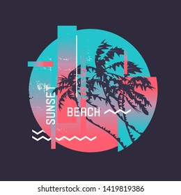 Sunset beach. Graphic t-shirt design on the topic of summer, holidays, beach, seacoast, tropics. Vector illustration.