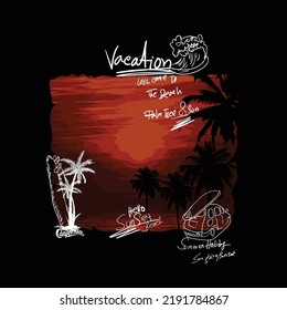 sunset beach, hello summer vacation with palm tree, Summer vibes tropical graphic print design for t shirt, poster, apparel, fashion, sweatshirt and others.