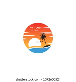 sunset beach holiday logo template vector design