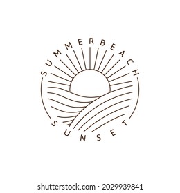 Sunset beach illustration monoline or line art style vector