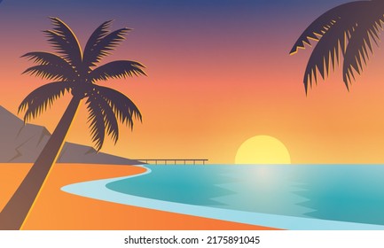 Sunset at beach illustration, nature summer background