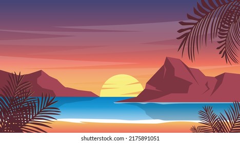 Sunset at beach illustration, nature summer wallpaper