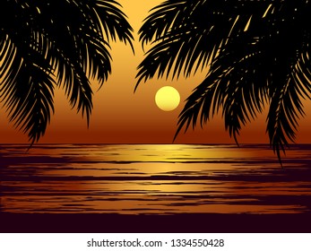 sunset at beach illustration with palm branches 
