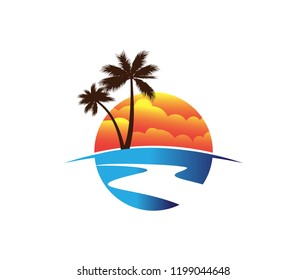 sunset beach island with coconut tree vector logo design illustration inspiration for brand tourism tour and travel
