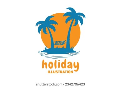 Sunset Beach Island with Palm Trees and Hammock for Tourism Travel Holiday Illustration