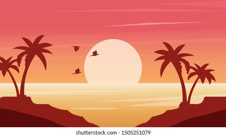Sunset in the Beach landscape background in flat design Vector