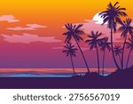 Sunset beach landscape. Beautiful sunset on a paradise beach with palm trees and an amazing sky. Vector illustration of a sunset on the ocean coast.