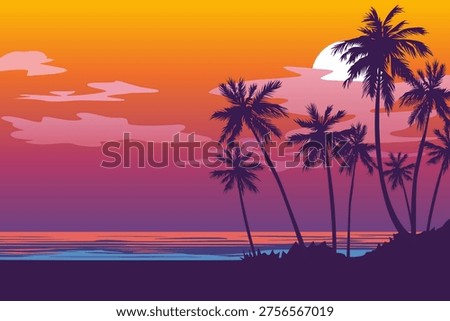 Sunset beach landscape. Beautiful sunset on a paradise beach with palm trees and an amazing sky. Vector illustration of a sunset on the ocean coast.