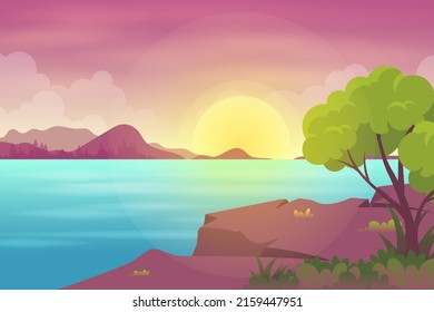 Sunset beach landscape with hill Cartoon illustration