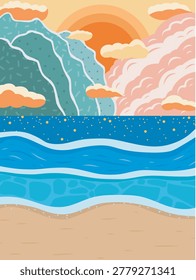 Sunset Beach Landscape Illustration with Mountains and Ocean Waves