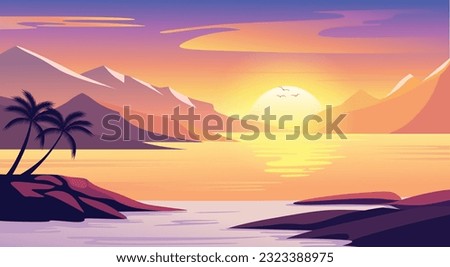 Sunset beach landscape illustration, Summer background. Vector